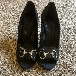 Gucci Black Peep-Toe Heels with Silver Buckle